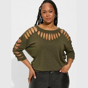 Torrid - Vintage Cotton Jersey Crew Neck Cutout Long Sleeve Tee in Olive Green‌‍